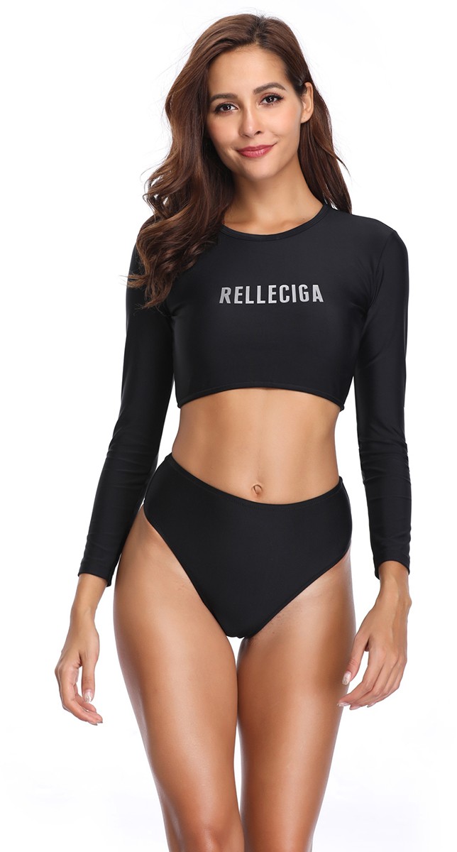 Fekete párnázott bikini Long Sleeve Crop Top II