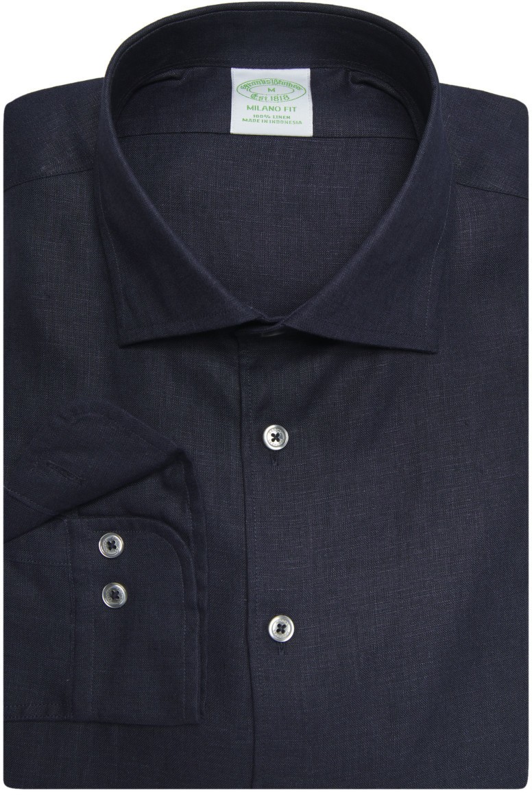 Ing Brooks Brothers Spt Irish Linen Solid Mil Spread Collar Navy Solid